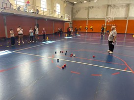 Detalhe das bolas de boccia em campo