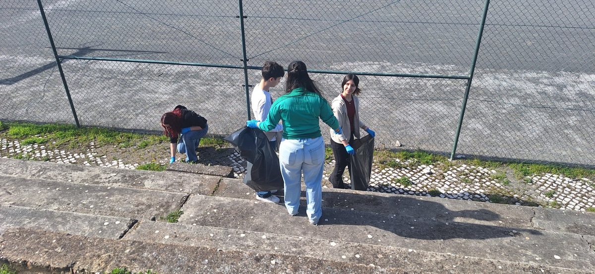 Alunos junto à vedação a recolher lixo