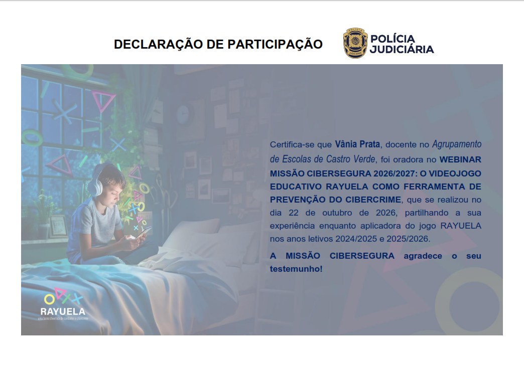 Declara&ccedil;&atilde;o de participa&ccedil;&atilde;o emitida pela Pol&iacute;cia Judici&aacute;ria &agrave; professora V&acirc;nia Prata como oradora no Webinar Miss&atilde;o Cibersegura 2026/2027